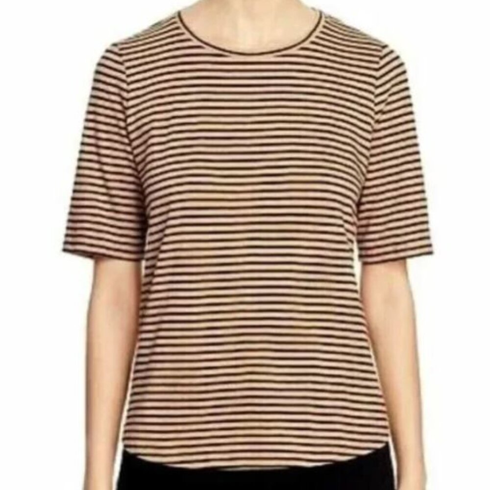 Eileen Fisher Striped 100% Organic Cotton Jersey Short Sleeve Tan/Black Size XS